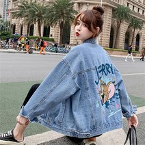 여성오버핏 데님 자켓 귀여운 캐릭터 프린트 데님재킷