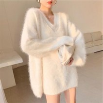 JUSTFEELING 여성 스웨터 루즈핏 깃털 브이넥 앙고라 하프기장 무지 니트 루즈핏 박시핏