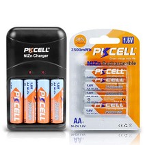 PKCELL 충전식 AA 배터리 NiZn 더블 A 1.6V 2500mWh 배터리 - 4개 Ni-Zn AA/AAA 배터리 충전기 포함 116916 가성비, 4 count with battery charger