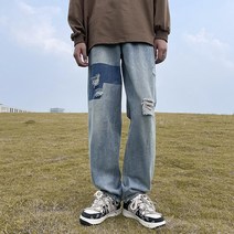 빈티지 개성 배색 거지 찢어진 청바지 남성 아메리칸 스트리트 스트레이트 낡은 물세탁 힙합 와이드 팬츠