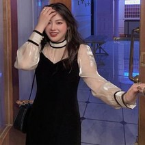 맥시멈 프리미엄 벨벳 원피스 슬림mm 빅사이즈 블랙스커트 2020년 가을겨울 여성 빅사이즈 원피스 추동