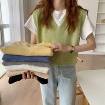 [빠른배송/크롭] 귀여운 파스텔 루즈핏 브이넥 크롭 니트 조끼 베스트/레이어드반팔티 (6color)