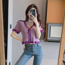 여름 2022 기품 짧은 V 칼라 반소매 헐렁한 니트 상의 여자 ins 초화망 레드 반팔 블라우스