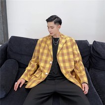YANG 가을 유행 레트로 옐로우 격자 무늬 작은 정장 한국어 스타일 트렌디 인터넷 연예인 캐주얼 헤어 스타일리스트 코트
