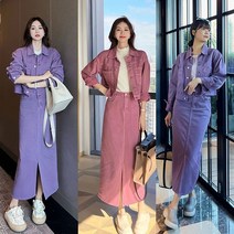 여성 데님 투피스 세트 캐주얼 크롭 자켓 H라인 롱 스커트 세트 롱 청원피스 여성의류