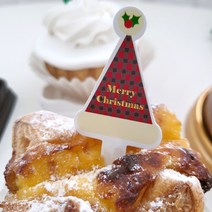 새담 TC48 레드 체크모자 케이크 픽 10장 산타 꼬깔토퍼