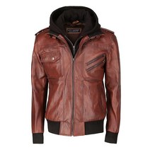 Mafia Leather 브라운 남성용 세련된 가죽 재킷 블랙 후드 캐주얼 오토바이 봄버 브라운.