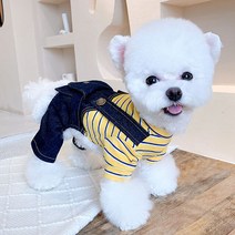 강아지 데님 청 포켓 멜빵바지 티셔츠 올인원