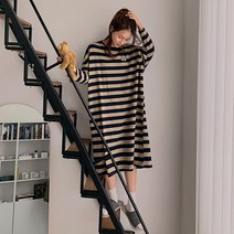 로로텐 스트라이프 롱 원피스 라운드넥 스판 루즈핏 빅사이즈