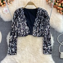 스팽글 반짝이 크롭 자켓 짧은 재킷 여성용 가을 무대 클럽 긴소매 2023 패션 유니크