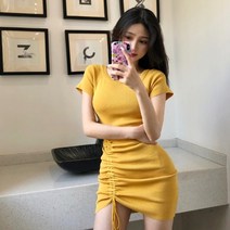 밴딩원피스 봄계절 홍콩무드 CHIC 슬림핏 클래식 반팔 라운드넥 펜던트 있음 드로스트링 힙랩 짧은 여성 2160741207