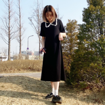 VANANA2 러블리 도일리 레이스 카라넥 맥시 롱 플레어 원피스 블랙