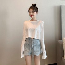 해외직구 크롭티 봄 가을 웨이스트 여친룩 학생룩 숏 긴소매 키작녀 여자 연예인 사복 패션 비쥬얼