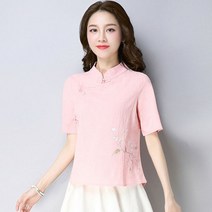 바스락블라우스 바스락 셔츠 아우터 여성 여름 난방 스타일 의 복고풍 스탠드 칼라 버클 느슨한면과 린넨 국가 탑