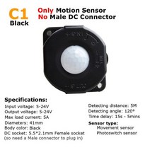 iot스위치 모션 센서 조명 스위치 12V PIR 24V 5V 움직임 감지기 타이머 적외선 자동 ON OFF 라이트 야외, [01] 12V, [05] C1 Black, 없음