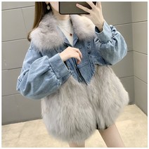 뉴 메쉬 레드 젊은 데님 극복 쇼트 퍼 일체 여우 모피 코트 여성모피 퍼코트 퍼자켓 모피코트