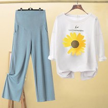 여성 여자 여름 가을 임부복 출산복 얇은 와이드 레그 팬츠 화이틀티셔츠 세트