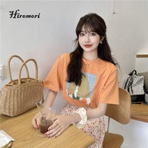 Hiromori 여름 한국판 순면 반팔 티셔츠 여성 유화 프린트 루즈핏 상의