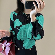 DFMEI 벌룬소매 블라우스 여가을 긴팔 프린트 쉬폰 셔츠 루즈핏 셔츠