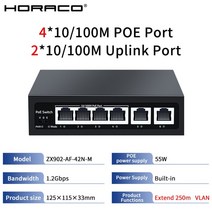 HORACO POE 스위치 8 포트 10/100Mbps 적응형 IEEE 802.3af/at Watchdog 4 5 6 10 RJ45 IP 카메라 NVR 무선 AP CCTV AI 스, [07] ZX902-AF-42N-M