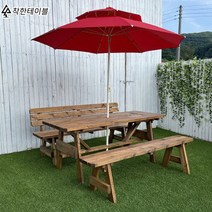 착한테이블 편리한 분리형 원목 야외용 탁자 정원 파라솔 별매 야외테이블 한쪽등받이 세트, 4인 한쪽 도토리색
