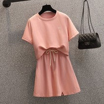 와이케이하우스 빅사이즈 투피스 코디 세트 여름옷 한 큰 사이즈 패션 캐주얼 하트 자수 반팔 T 스커트 반 치마 두 벌 세트 여자