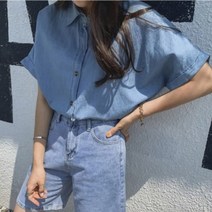 여성 데일리 남방 셔츠 블라우스 데님 가오리 반팔