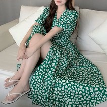 순이들 여성 퍼프 슬리브 플라워 롱 원피스