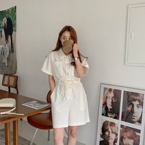 코지 스트레이트핏 패션 포켓 카라 반팔 린넨 점프수트