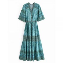 빈티지 여성 꽃 프린트 플레어 슬리브 술 장식 주름 보헤미안 맥시 드레스 v넥 레이온 hyie Boho