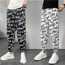JUST FEEL!NG 1+1 남성 낙서 프린팅 밴딩 조거 바지 여름 힙합 스트리트 바지 빅사이즈 비치웨어 바지