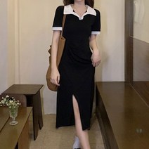 카라 배색 원피스 사이드 슬릿 긴다리 신축성 데일리 셔츠 블랙 데님 미니 스퀘어넥 원피스 정장 여름