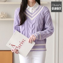 올리비에스클로젯 베이직 꽈배기 라인배색 브이넥 니트 O2301KN036A
