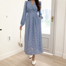 네쥬 여성 봄 가을 고급 브이넥 플라워 롱 원피스