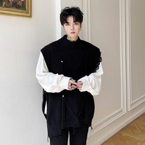 남자스트릿코디 신상코디 남성용 찢어진 하프 터틀넥 민소매 남자브이넥가디건 남자니트가디건
