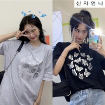 신자언니 나비프린팅 여성 반팔티 여성박스티 여성오버핏티셔츠 반팔 티셔츠