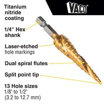 Klein Tools 25964 스텝 드릴 비트 0.3~1.3cm(1/8~1/2인치) 나선형 이중 플루트 얇은 금속 플라스틱 알루미늄 나무 절단 0.6cm(1/4인치)