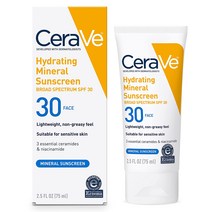 CeraVe 100 미네랄 선스크린 SPF 30 민감한 피부를 위한 산화아연 이산화티타늄이 함유된 Face Sunscreen 히알루론산 나이아신아마이드 세라마이드 함유 2.5 온, 1개