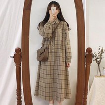 초 가을 체크 원피스 미드 롱 타입 여성 뚱뚱한 프렌치 클래식 긴 소매 슬림핏 이너