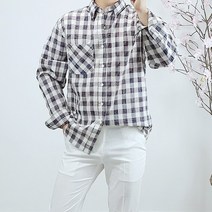 반즈하우스 남자 시원한 여름 마 린넨 체크 주름 셔츠 남방