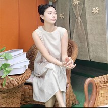 린넨 마100% 롱 데님 민소매 원피스