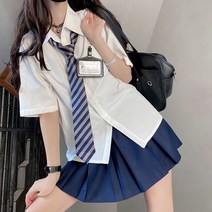 Meainna 달콤하고 매운 학업 스타일 jk 유니폼 느슨한 조커 화이트 셔츠 + 주름 치마 스커트 정장 여성 여름, 흰색 셔츠 + 넥타이 + 하프 스커트 (세트), S