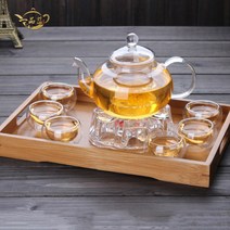 햄볶는스토어 2중잔 6인 유리다기세트 명절 어버이날 집들이 선물 600ml 800ml 티포트 유리잔 모두 포함/ 꽃차(육수다시) 티백 10개 사은품 증정, 세트3)티포트+유리잔6개+하트받침대+우드트레이