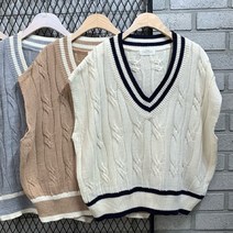 케주얼 오버핏조끼)꽈베기패턴 니트박스조끼 브이조끼 V넥 배색브이넥조끼 베스트 민소매조끼 니트조끼 뷔스티에 스웨터