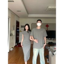 RM 커플시밀러룩 커플룩 자수 심플 그레이 셔링 롱원피스 반팔 티셔츠