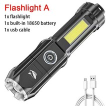 COB다기능플래시 캠핑랜턴 손전등 휴대용 usb 충전식 led 손전등 강력한 플래시 줌, 내장 배터리