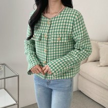 보석단추 하운드체크자켓 크롭 노카라자켓 몰리 체크 트위드자켓