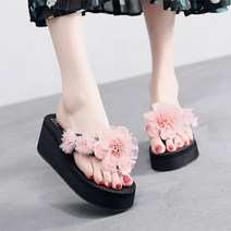 Ogfaour 여성용 풍성한 플라워 통굽 슬리퍼 웨지 샌들 쪼리 6cm