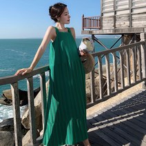 댕댕구리 빈티지 그린 원피스 주름 스커트 휴가 드레스 슬립 비치 여성 여행룩