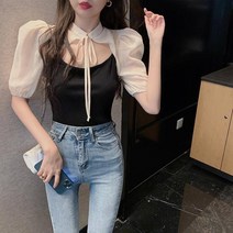 특이한 가슴트임 거즈 면 크롭 셔츠 어깨뽕 얇은 아사면 여름 반팔 남방 리본 크림색 블랙